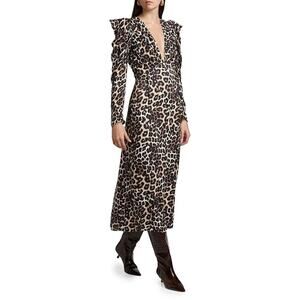 FARM Rio M Natural Skin Leopard V-Neck Empire Midi Dress Satin Puff Sleeve $230